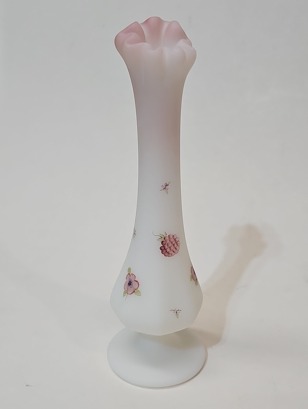 Vintage Fenton Romantic Country Berries + Blossoms White to Pink Swung Bud Vase